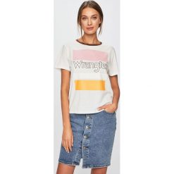 Wrangler - Top. Białe topy damskie marki Wrangler, s, z nadrukiem, z bawełny, z okrągłym kołnierzem. Za 119,90 zł.