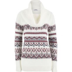 Sweter w norweski wzór, z szerokim golfem bonprix biel wełny. Białe swetry damskie bonprix, bez wzorów, z wełny, bez rękawów. Za 89,99 zł.