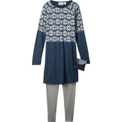 Sukienka z długim rękawem + legginsy + torebka (3 części) bonprix ciemnoniebiesko-szary melanż. Szare legginsy dziewczęce marki bonprix, z aplikacjami, z długim rękawem, długie. Za 59,99 zł.