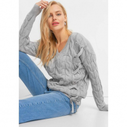 Sweter z warkoczami i wiązaniem. Szare swetry klasyczne damskie Orsay, xs, z dzianiny, ze sznurowanym dekoltem. Za 119,99 zł.
