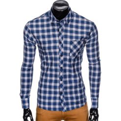 Koszula męska w kratę z długim rękawem K415 - granatowa/beżowa. Brązowe koszule męskie Ombre Clothing, s, bez wzorów, bez kołnierzyka, z długim rękawem. Za 39,00 zł.