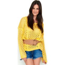 Morelowy Ażurowy Sweter Oversize. Pomarańczowe swetry damskie Molly.pl, uniwersalny, bez wzorów, z jeansu, z długim rękawem, długie, bez kaptura. Za 132,90 zł.