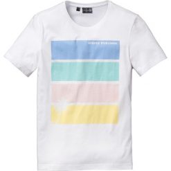 T-shirt Slim Fit bonprix biały z nadrukiem. Białe koszulki męskie bonprix, s, w paski, z okrągłym kołnierzem. Za 34,99 zł.