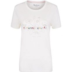 T- shirt Pepe Jeans. Białe koszulki damskie Pepe Jeans, z nadrukiem, z jeansu, klasyczne, z klasycznym kołnierzykiem, bez rękawów. Za 79,00 zł.