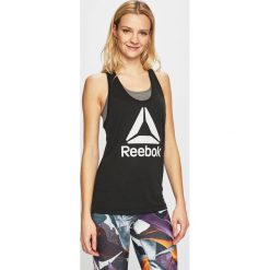Reebok - Top. Czarne topy damskie Reebok, s, z nadrukiem, z poliesteru, z okrągłym kołnierzem. W wyprzedaży za 69,90 zł.