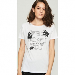 Bawełniany t-shirt z aplikacją - Biały. Białe t-shirty damskie Sinsay, l, z aplikacjami, z bawełny. Za 29,99 zł.