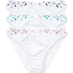 Figi (3 pary) bonprix biało-różowy + biało-szary + biało-turkusowy. Białe majtki damskie marki bonprix, z haftami. Za 44,97 zł.