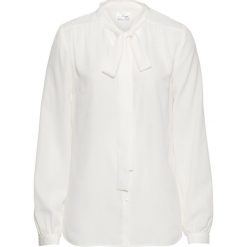 Bluzka z krawatką bonprix biel wełny. Białe bluzki asymetryczne bonprix, z wełny, eleganckie. Za 54,99 zł.
