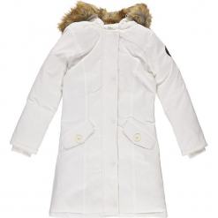 Płaszcz zimowy w kolorze bialym. Białe płaszcze dziewczęce Geographical Norway Kids & Women, na zimę, z aplikacjami, prążkowane. W wyprzedaży za 295,95 zł.