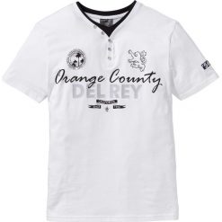 Shirt z dekoltem henley bonprix biały. Białe koszulki męskie bonprix, s, z aplikacjami, bez kołnierzyka, bez rękawów. Za 44,99 zł.