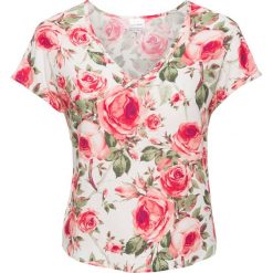 Bluzka shirtowa bonprix biel wełny w kwiaty. Białe koszulki damskie bonprix, z nadrukiem, z wełny, z dekoltem w serek, bez rękawów. Za 59,99 zł.