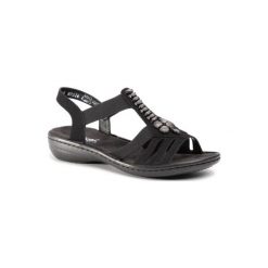 RIEKER 60806-00 Czarny. Czarne sandały damskie Rieker, bez wzorów, ze skóry ekologicznej, bez obcasa, bez zapięcia. Za 239,99 zł.