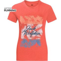 KOSZULKA JACK WOLFSKIN ROYAL PALM T WOMEN HOT CORAL. Różowe koszulki damskie JACKWOLFSKIN, bez wzorów, z bawełny, wakacyjne, bez kołnierzyka, bez rękawów. Za 79,99 zł.