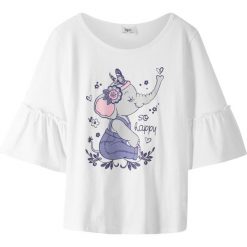 Shirt z falbanami w rękawach bonprix biały z nadrukiem. Białe bluzki dziewczęce bonprix, z nadrukiem, z bawełny, z okrągłym kołnierzem, bez rękawów, bez kaptura. Za 29,99 zł.