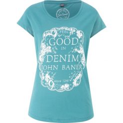Shirt z krótkim rękawem i nadrukiem bonprix turkusowy. Niebieskie bluzki damskie bonprix, z nadrukiem, z okrągłym kołnierzem, z krótkim rękawem. Za 22,99 zł.