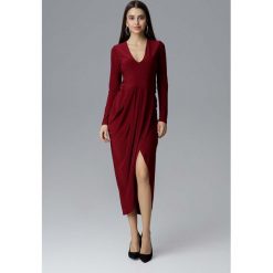 Bordowa Wizytowa Długa Sukienka z Asymetrycznym Rozcięciem. Czerwone sukienki damskie Molly.pl, na imprezę, s, bez wzorów, eleganckie, z asymetrycznym kołnierzem, z długim rękawem, długie, maxi, ołówkowe. Za 199,90 zł.