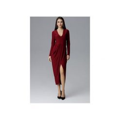 Sukienka M636 Bordo. Czerwone sukienki damskie FIGL, xl, bez wzorów, eleganckie, z dekoltem w serek, z długim rękawem, długie, maxi, asymetryczne. Za 189,00 zł.
