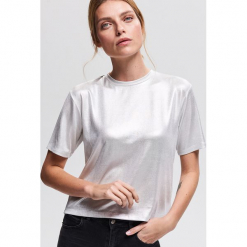 T-shirt z błyszczącej dzianiny - Kremowy. Białe t-shirty damskie Reserved, l, z dzianiny. Za 49,99 zł.