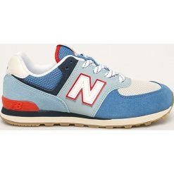 New Balance - Buty dziecięce GC574SOS. Niebieskie trampki chłopięce New Balance, bez wzorów, ze skóry, sportowe, z okrągłym noskiem, na sznurówki. Za 249,90 zł.