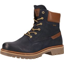 Skórzane botki w kolorze granatowym. Niebieskie botki damskie Tom Tailor, Mustang, Bugatti, Camel Active, Lloyd, bez obcasa, na sznurówki. W wyprzedaży za 399,95 zł.