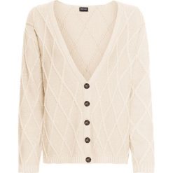 Sweter rozpinany bonprix beżowy. Brązowe swetry damskie bonprix, z aplikacjami, z dzianiny, bez rękawów, bez kaptura. Za 54,99 zł.