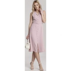 Różowa Sukienka Adrave. Różowe sukienki damskie Renee, na wiosnę, s, bez wzorów, z tkaniny, eleganckie, z okrągłym kołnierzem, bez rękawów, midi. Za 99,99 zł.