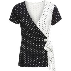 Shirt kopertowy bonprix czarno-biały w kropki. Czarne koszulki damskie marki bonprix, bez wzorów, bez kołnierzyka, z krótkim rękawem. Za 74,99 zł.