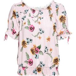 Shirt z dekoltem carmen bonprix jasnoróżowo-biały w paski. Różowe koszulki damskie bonprix, w paski, bez kołnierzyka. Za 69,99 zł.