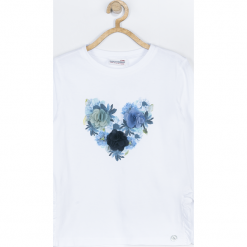 Koszulka. Białe bluzki dziewczęce marki FLOWER, z aplikacjami, z falbankami, z długim rękawem. Za 45,90 zł.