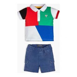 Zestaw Koszulka Polo W Print W Bloki Kolorystyczne I Szorty. Niebieskie spodenki i szorty męskie Guess, bez wzorów, z bawełny, klasyczne, z krótkim rękawem. Za 179,00 zł.