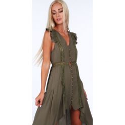 Sukienka zapinana na guziki khaki ZZ326. Brązowe sukienki damskie Fasardi, m, bez wzorów, bez kołnierzyka, bez rękawów. Za 99,00 zł.
