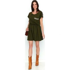 Khaki Krótka Sukienka w Stylu Boho z Ozdobnymi Wypustkami. Brązowe sukienki dziewczęce Molly.pl, bez wzorów, boho, z krótkim rękawem, krótkie, mini, rozkloszowane. Za 137,90 zł.