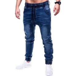 Spodnie męskie jeansowe joggery P407 - granatowe. Niebieskie spodnie męskie Ombre Clothing, m, bez wzorów, z bawełny. Za 59,00 zł.