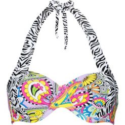 Biustonosz bikini na fiszbinach bonprix biało-różowy. Różowe stroje kąpielowe damskie marki bonprix, z nadrukiem. Za 79,99 zł.