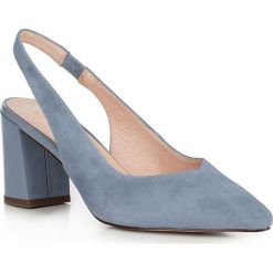 Buty damskie. Niebieskie czółenka damskie Wittchen, na ślub cywilny, w paski, ze skóry, bez obcasa, na obcasie. W wyprzedaży za 199,90 zł.