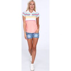 Koszulka polo w kolorowe pasy / łososiowy 7609. Czerwone bralety marki Fasardi, l, w kolorowe wzory, polo. Za 39,00 zł.