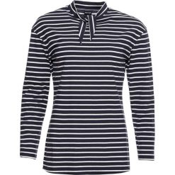 Shirt z ozdobnym przewiązaniem w dekolcie bonprix ciemnoniebiesko-biel wełny w paski. Niebieskie koszulki damskie bonprix, na co dzień, w paski, z wełny, bez kołnierzyka, z długim rękawem. Za 44,99 zł.