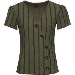 Shirt z guzikami bonprix ciemnooliwkowo-czarny w paski. Zielone t-shirty damskie bonprix, w paski, z dekoltem w serek. Za 54,99 zł.