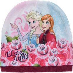 Czapka "Frozen" w kolorze błękitno-jasnoróżowym. Różowe czapeczki niemowlęce z nadrukiem. W wyprzedaży za 17,95 zł.