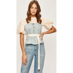 Pinko - Bluzka. Niebieskie bluzki damskie Pinko, w paski, z elastanu, z włoskim kołnierzykiem, bez rękawów. Za 799,90 zł.