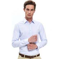 Koszula w paski regularna. Niebieskie koszule męskie Top Secret, na lato, m, w paski, z tkaniny, eleganckie, bez kołnierzyka, z długim rękawem. Za 89,99 zł.