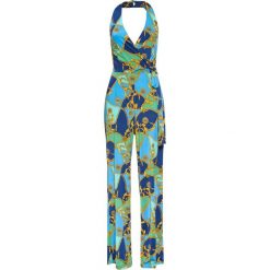 Kombinezon z dekoltem halter bonprix ciemnoniebiesko-zielono-niebieski wzorzysty. Niebieskie kombinezony damskie bonprix, bez wzorów, bez kołnierzyka, bez rękawów. Za 64,99 zł.