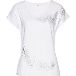 Shirt z nadrukiem w pióra bonprix biało-srebrny. Białe koszulki damskie bonprix, z nadrukiem, bez kołnierzyka, bez rękawów. Za 99,99 zł.