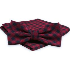 Bordowo-Granatowa Mucha Męska -ALTIES- z Taką Samą Poszetką, w Kratkę MUALTS0489. Czerwone muszki męskie Alties, na imprezę, w paski, eleganckie. Za 39,00 zł.