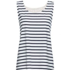 Top w paski, z koronką bonprix biel wełny - ciemnoniebieski w paski. Niebieskie bluzki damskie bonprix, w paski, z wełny, bez kołnierzyka, bez rękawów. Za 54,99 zł.