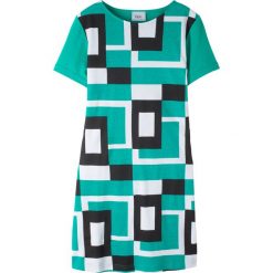 Sukienka shirtowa bonprix czarno-biało-szmaragdowy. Czarne sukienki dziewczęce bonprix, na lato, z aplikacjami, z krótkim rękawem, krótkie, mini, dopasowane. Za 44,99 zł.