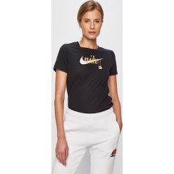 Nike Sportswear - T-shirt. Czarne topy damskie Nike Sportswear, s, z nadrukiem, z bawełny, z okrągłym kołnierzem. Za 119,90 zł.