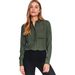 Damska koszula z kieszonkami o luźnym kroju. Brązowe koszule damskie Top Secret, na co dzień, na wiosnę, bez wzorów, eleganckie, z klasycznym kołnierzykiem, bez rękawów. W wyprzedaży za 69,99 zł.