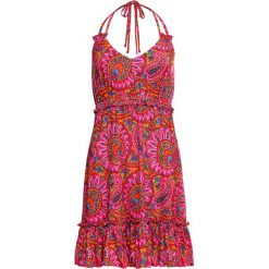 Letnia sukienka w kwiaty bonprix różowo-pomarańczowy w kwiaty. Różowe sukienki damskie bonprix, na lato, w kwiaty, bez kołnierzyka, bez rękawów. Za 134,99 zł.