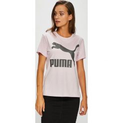 Puma - Top. Szare topy damskie Puma, l, z nadrukiem, z bawełny, z okrągłym kołnierzem. W wyprzedaży za 99,90 zł.